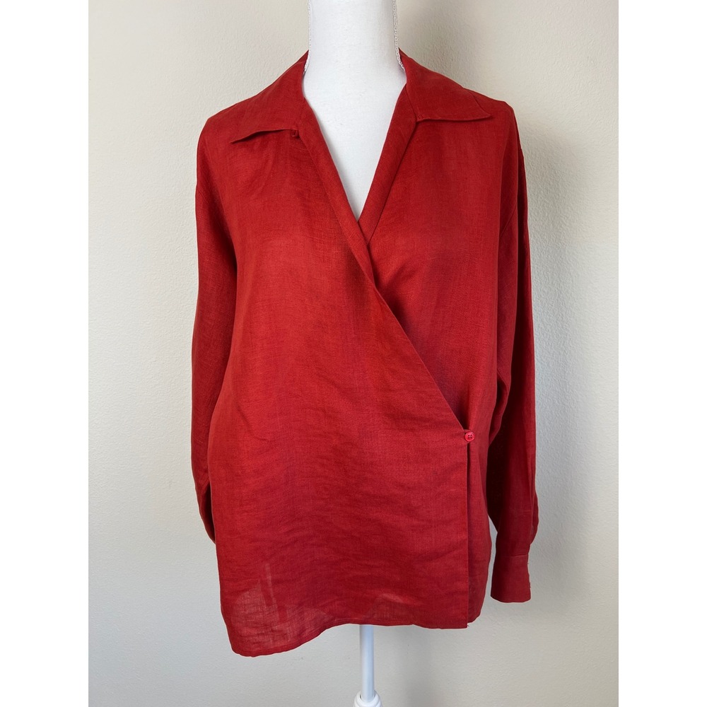 VTG Calvin Klein Linen Wrap Blouse Womens 8 Red Long Sleeve Button Side Top